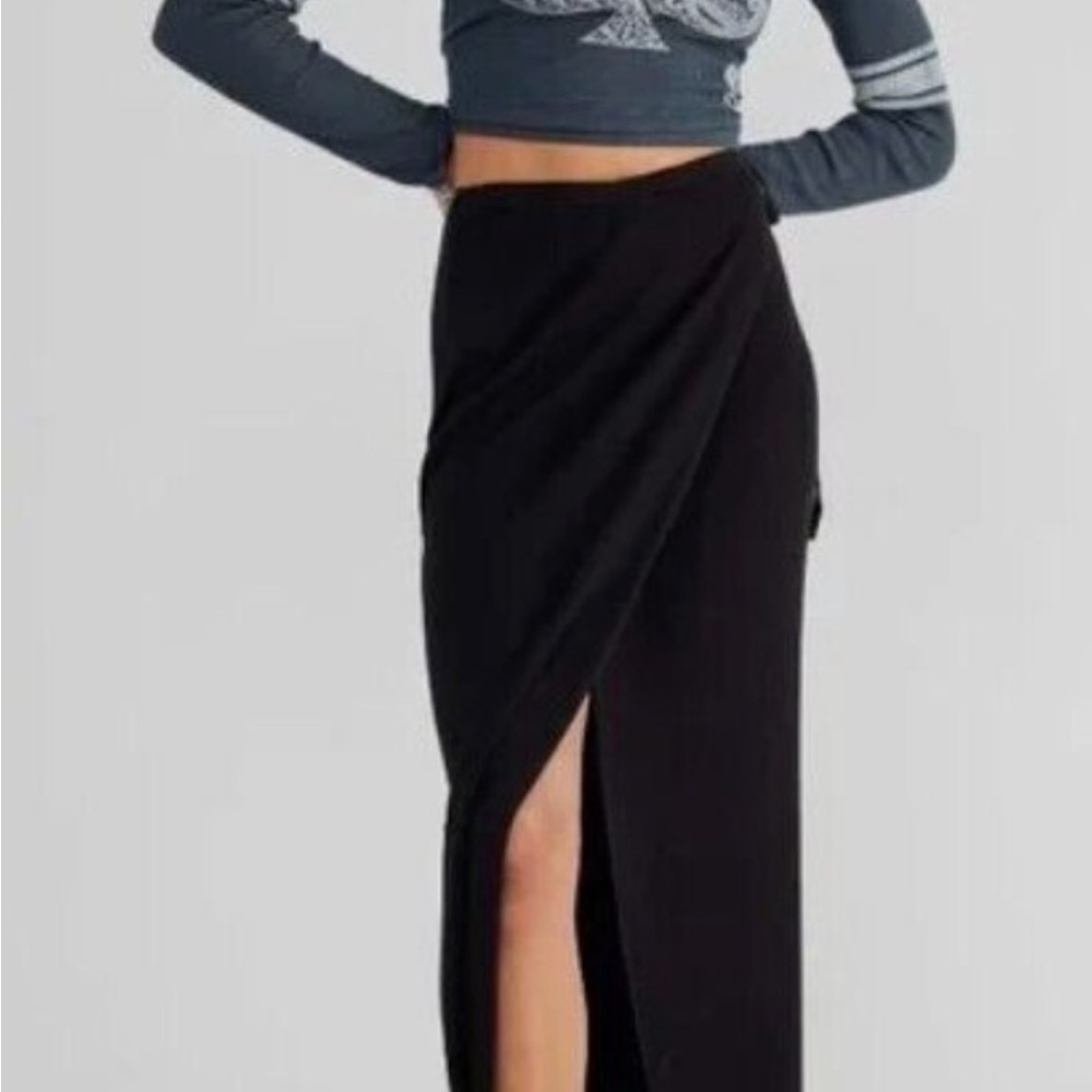 Free People Borderline Wrap MIDI Skirt Size S Black